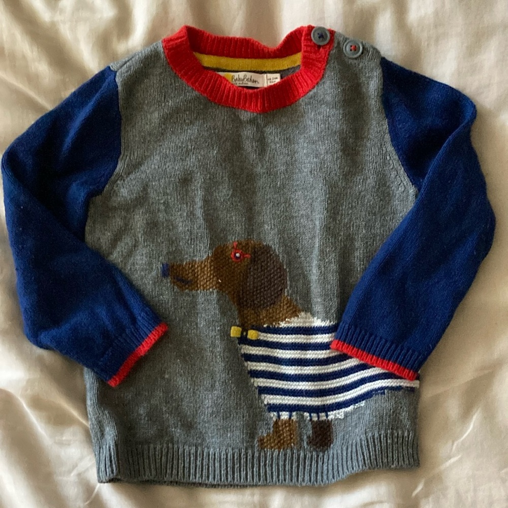 Baby Boden Gray and Blue cotton blend Sweater with Dog Design + striped pants